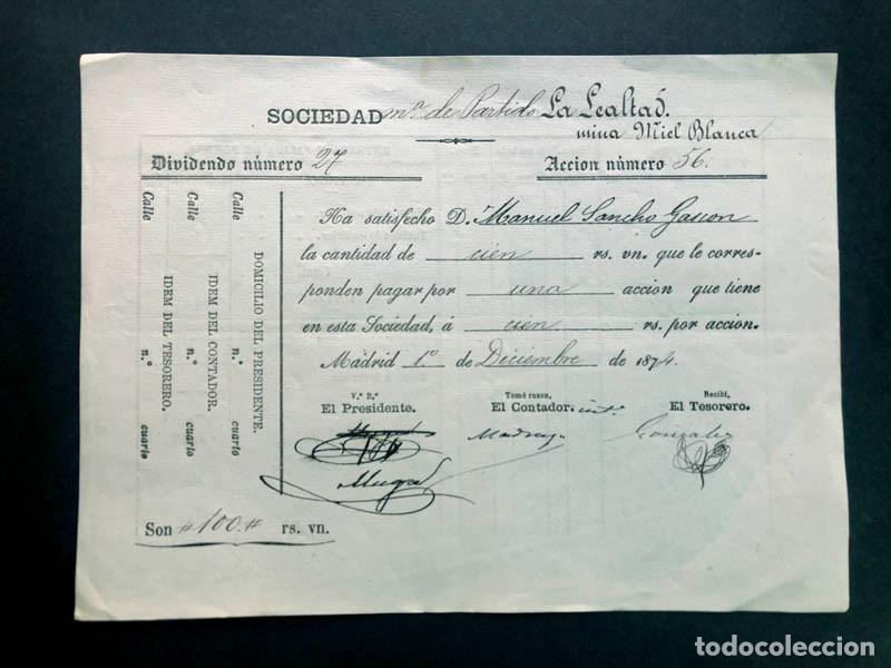 Coleccionismo Acciones Espa&ntilde;olas: ALMER&Iacute;A CUEVAS DE ALMANZORA / SOCIEDAD MINERA LA LEALTAD ( MINA MIEL BLANCA ) COMPRA ACCI&Oacute;N 1874