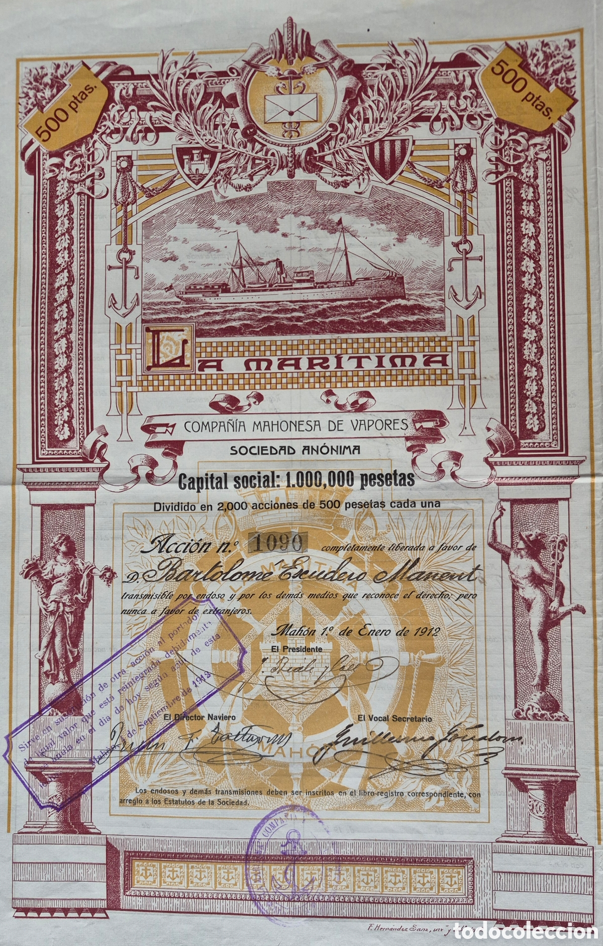 Coleccionismo Acciones Espa&ntilde;olas: La Mar&iacute;tima, Compa&ntilde;&iacute;a Mahonesa de Vapores (1912)