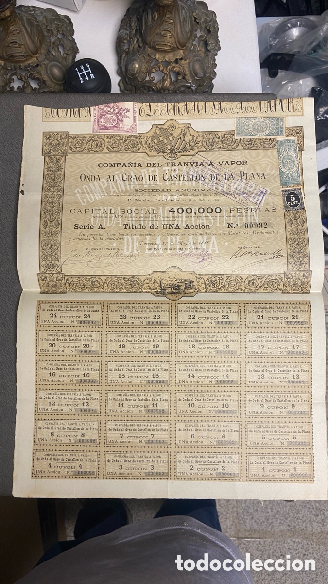 Coleccionismo Acciones Espa&ntilde;olas: Acci&oacute;n Antigua de la Compa&ntilde;&iacute;a del Tranv&iacute;a a Vapor de Onda al Grao de Castell&oacute;n de la Plana (1888)
