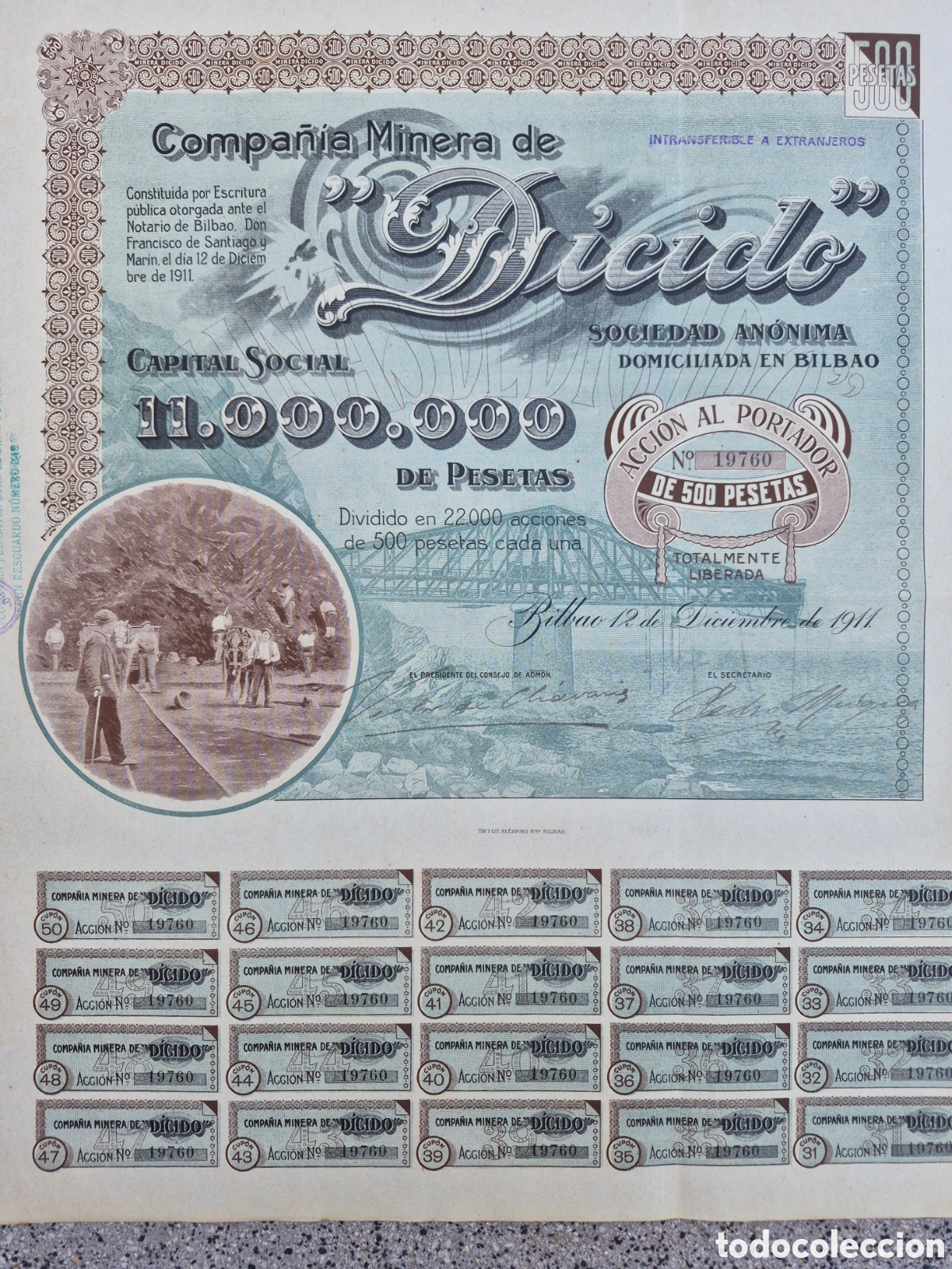 Coleccionismo Acciones Espa&ntilde;olas: Compa&ntilde;&iacute;a Minera de D&iacute;cido (Castro Urdiales, Cantabria) 1911