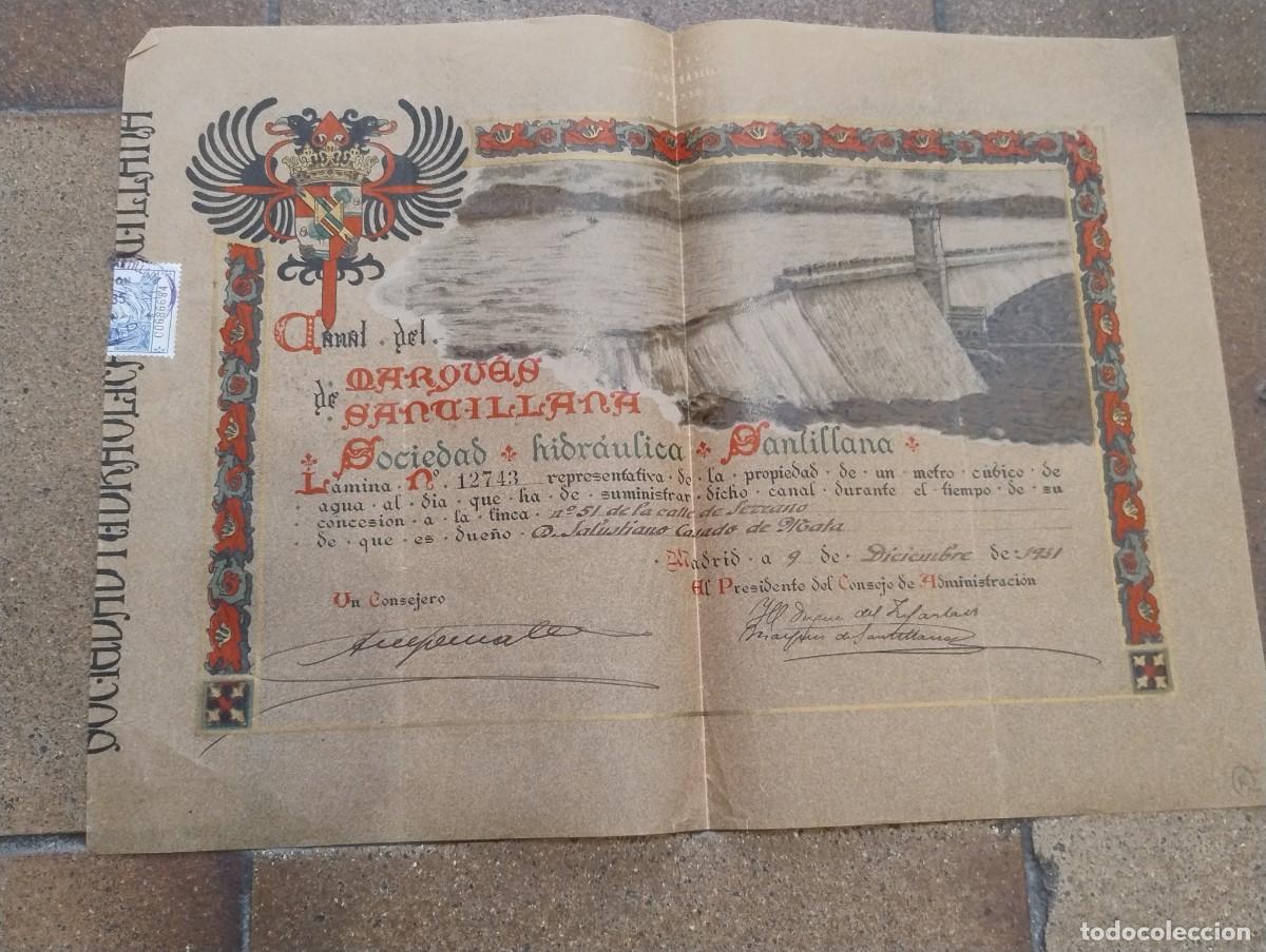 Coleccionismo Acciones Espa&ntilde;olas: ACCI&Oacute;N DEL CANAL DEL MARQU&Eacute;S DE SANTILLANA. SOCIEDAD HIDR&Aacute;ULICA. SANTILLANA. 1931
