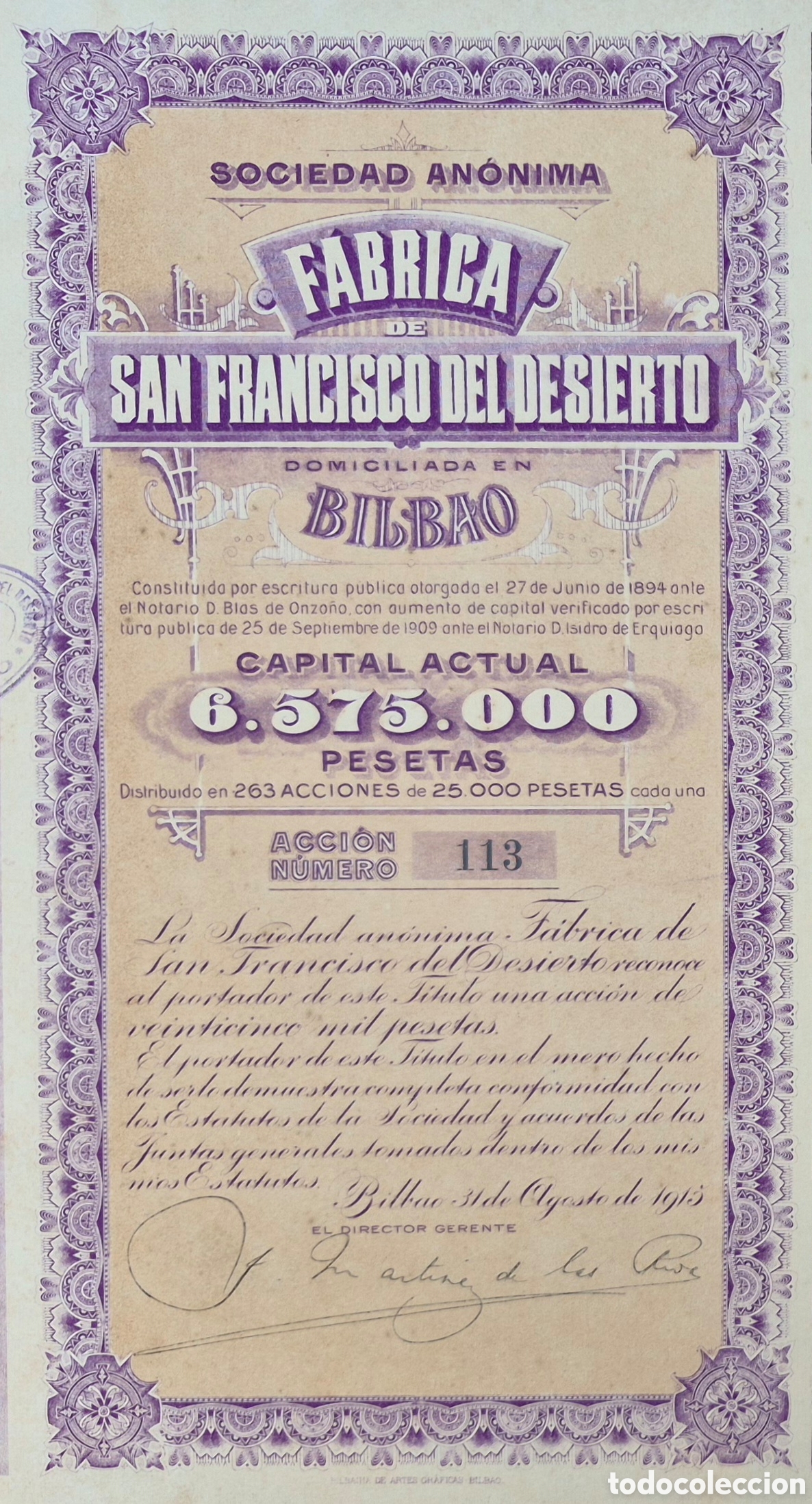 Collectionnisme Actions Espagne: F&aacute;brica de San Francisco del Desierto (Altos Hornos de Vizcaya, Sestao) 1915