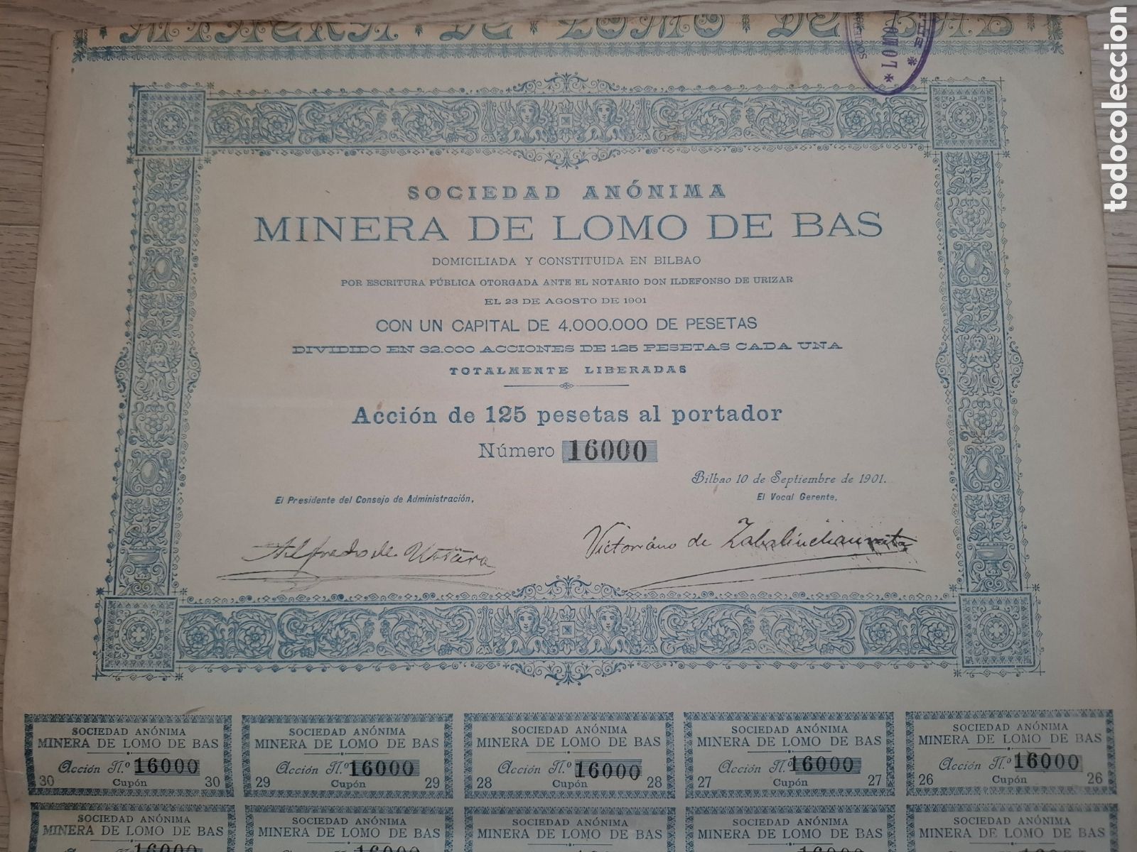 Sammeln von spanischen Wertpapieren: Acci&oacute;n de la Sociedad An&oacute;nima Minera de Lomo de Bas, Bilbao 1901, mina en Lorca, Murcia
