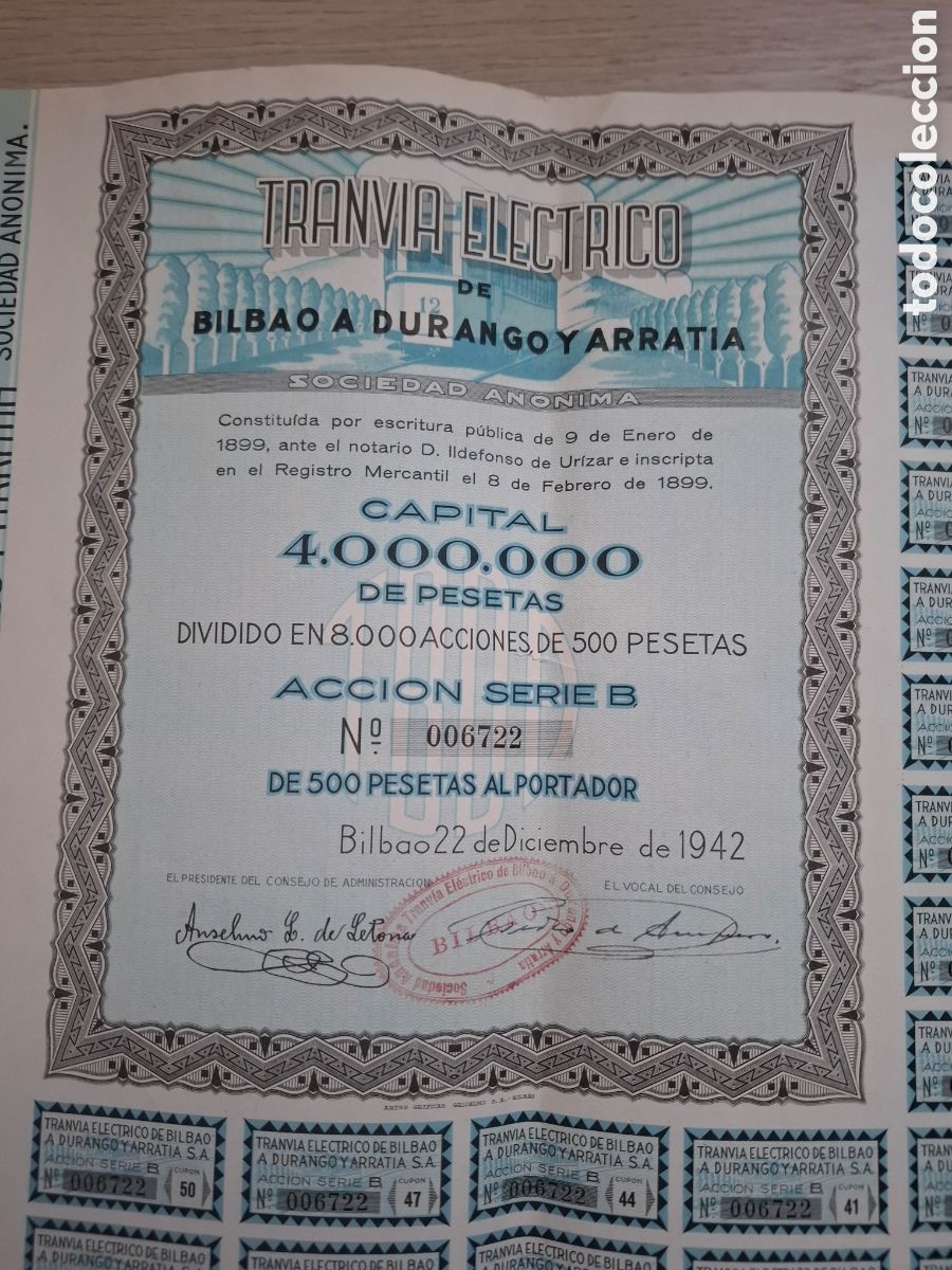 Colecionismo A&ccedil;&otilde;es Espanholas: Acci&oacute;n de Tranv&iacute;a el&eacute;ctrico de Bilbao a Durango y Arratia S.A., Bilbao 1942