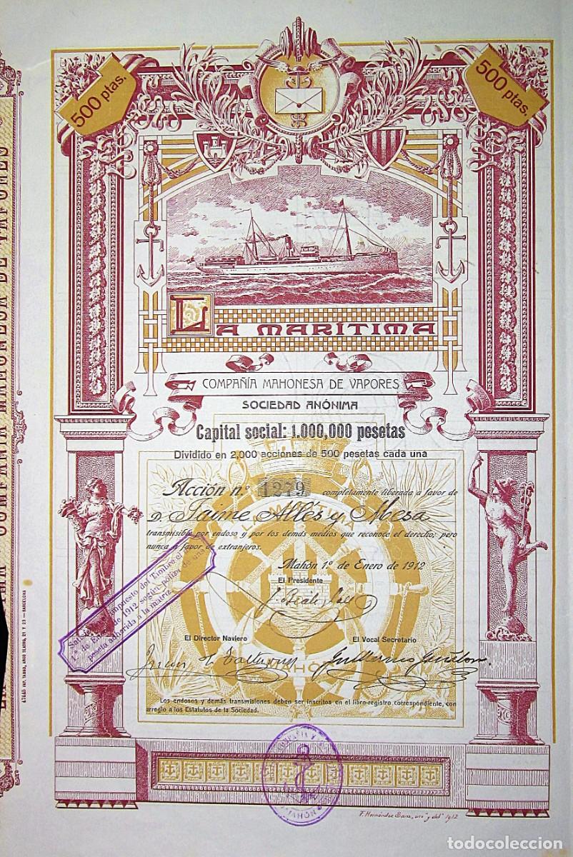 Coleccionismo Acciones Espa&ntilde;olas: 1912_LA MARITIMA, Cia Mahonesa de Vapores s.a.