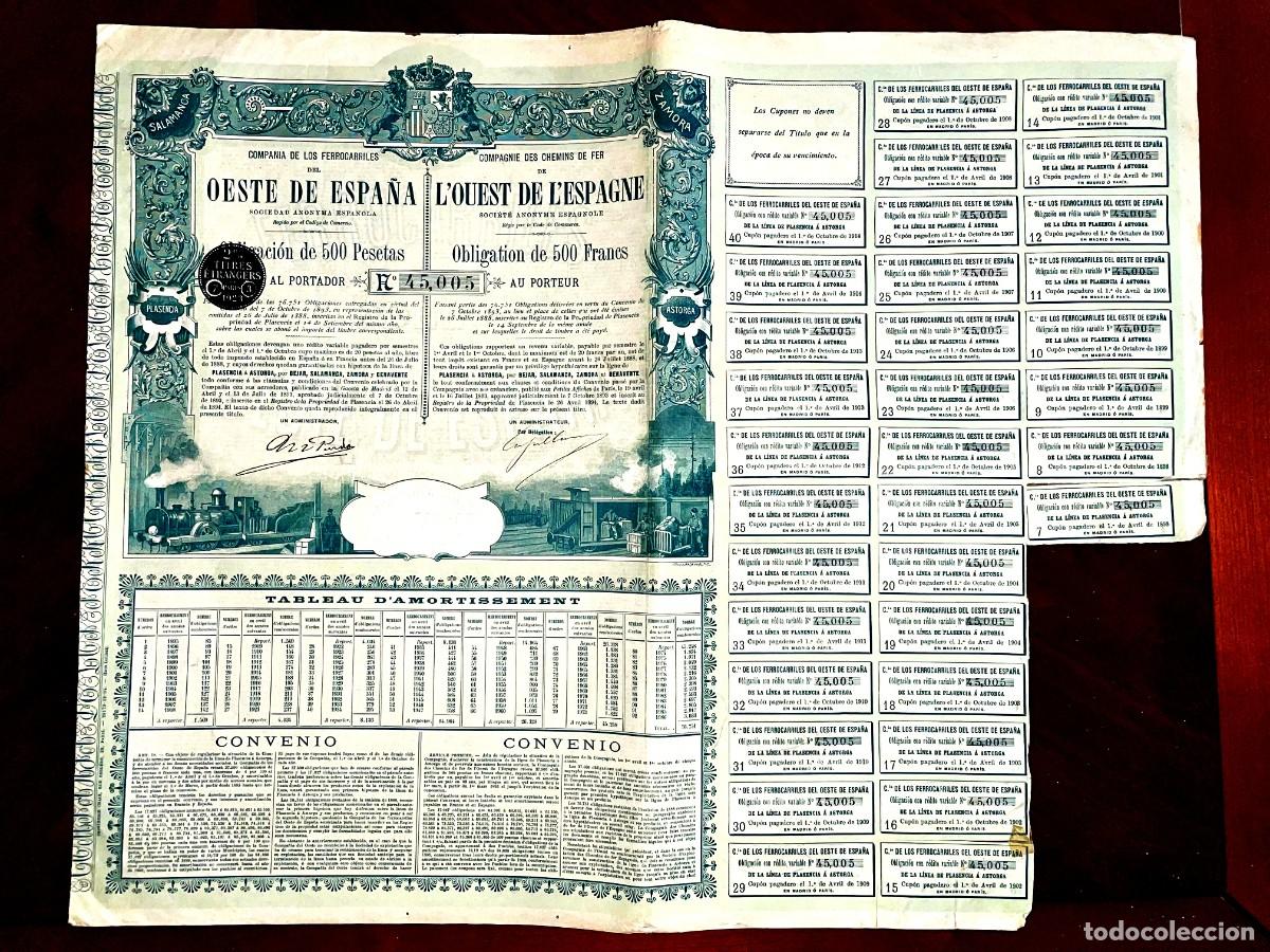 Coleccionismo Acciones Espa&ntilde;olas: Compa&ntilde;&iacute;a Ferrocarriles Oeste Espa&ntilde;a 1894 Obligaci&oacute;n de 500 Pesetas