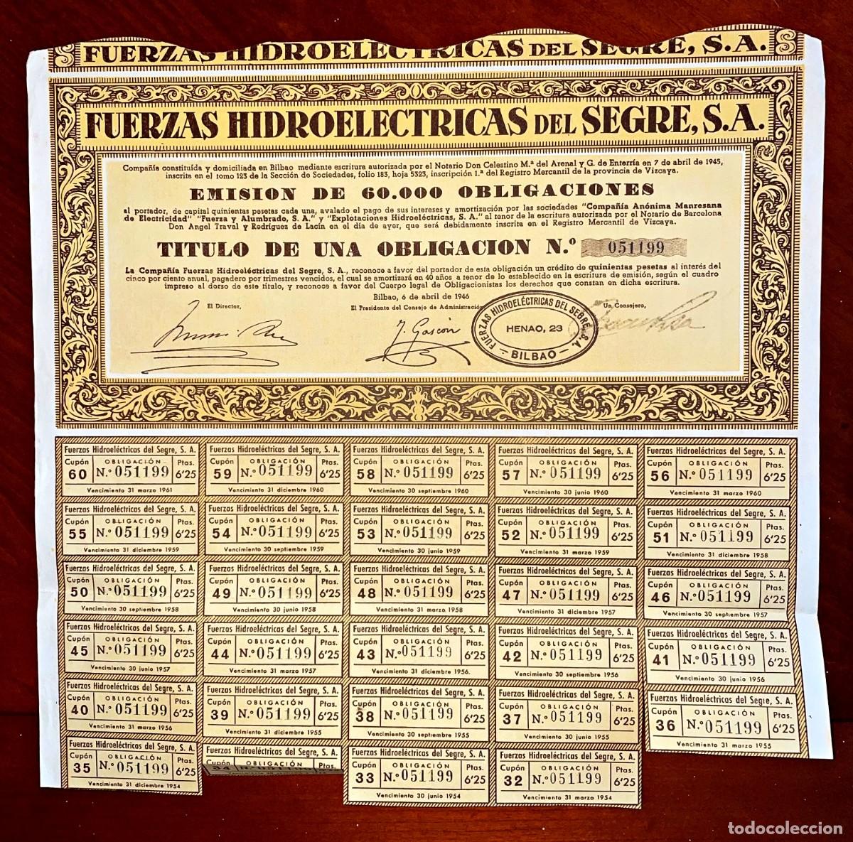 Coleccionismo Acciones Espa&ntilde;olas: Fuerzas Hidroel&eacute;ctricas del Segre ,Bilbao 1946 obligaci&oacute;n con los cupones
