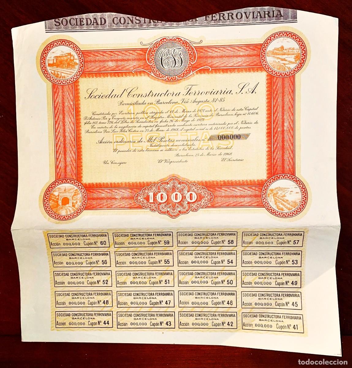 Coleccionismo Acciones Espa&ntilde;olas: Sociedad Constructora Ferroviaria,SA Barcelona 1968 Acci&oacute;n Specimen numeraci&oacute;n &rdquo;0&rdquo;