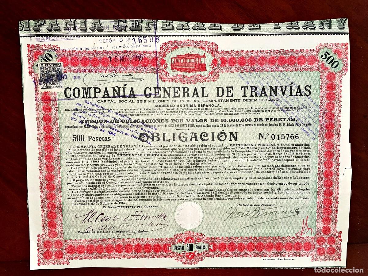 Coleccionismo Acciones Espa&ntilde;olas: Compa&ntilde;&iacute;a General de Tranv&iacute;as Barcelona 1914 obligaci&oacute;n