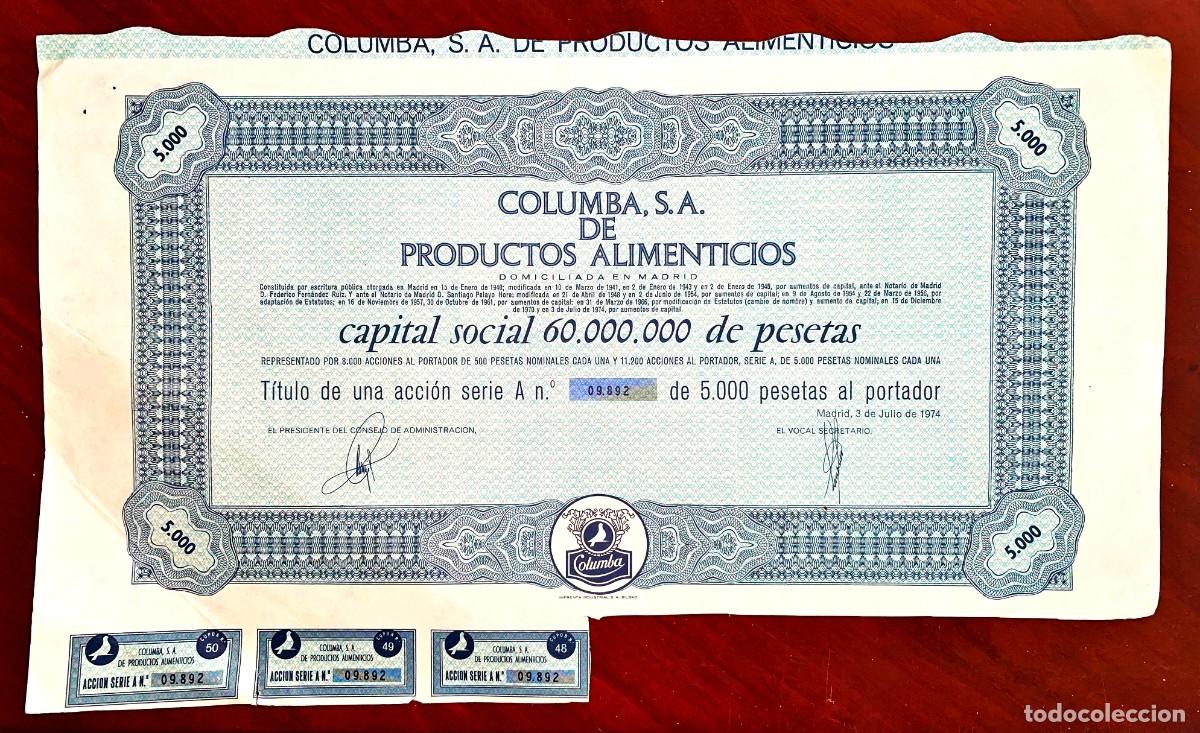 Coleccionismo Acciones Espa&ntilde;olas: Columba SA de productor alimenticios Madrid 1974 acci&oacute;n