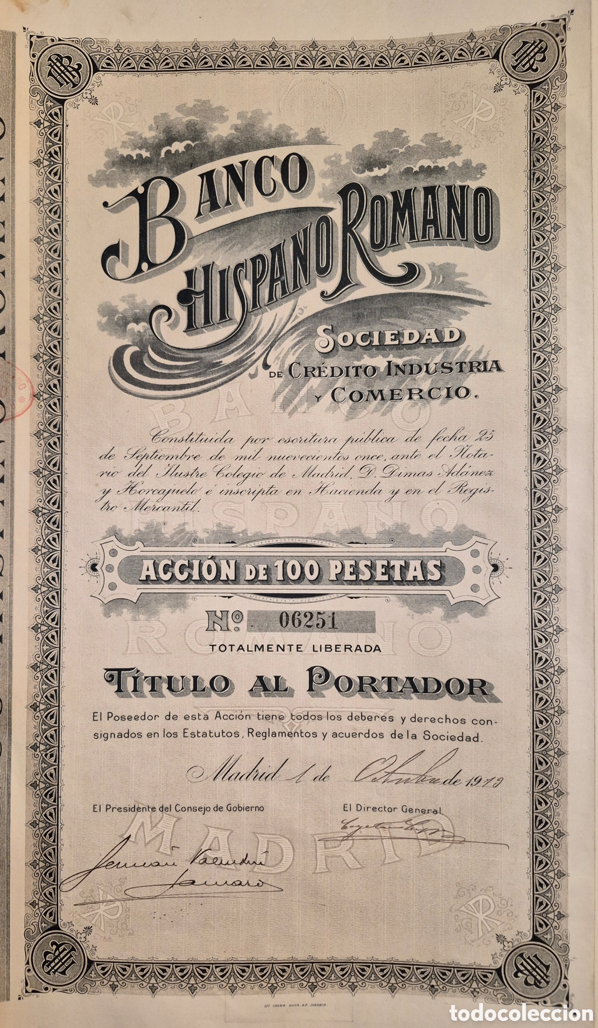 Colecionismo A&ccedil;&otilde;es Espanholas: Banco Hispano Romano (1913)