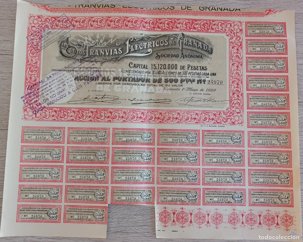 Coleccionismo Acciones Espa&ntilde;olas: ACCI&Oacute;N DE LOS TRANVIAS ELECTRICOS DE GRANADA DEL A&Ntilde;O 1929 (TRANVIA-TREN-TRAIN-ZUG)