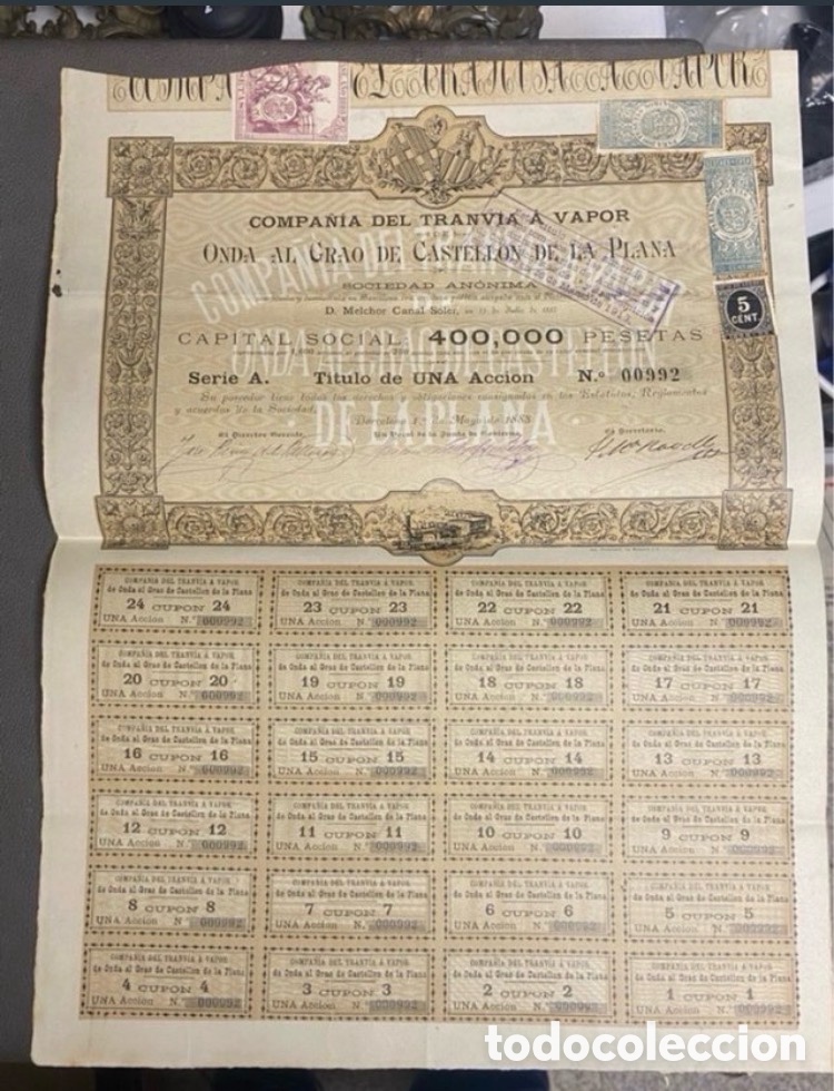 Coleccionismo Acciones Espa&ntilde;olas: Acci&oacute;n Cia Tranv&iacute;a Vapor Castello 1888.La panderola