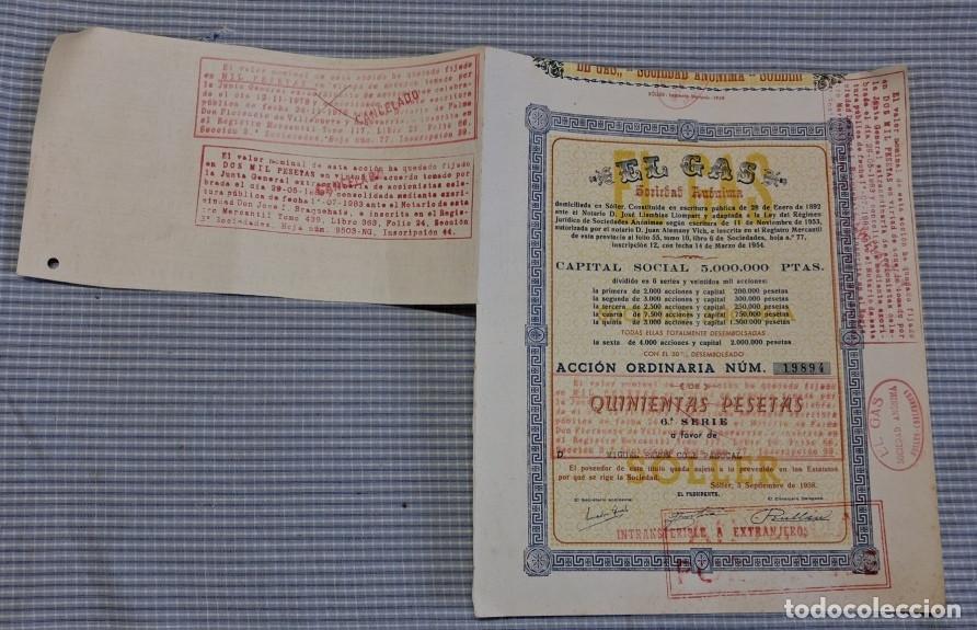 Sammeln von spanischen Wertpapieren: Acci&oacute;n ordinaria El Gas Sociedad An&oacute;nima. S&oacute;ller. Mallorca. 05/09/1958. N&uacute;mero 19894.