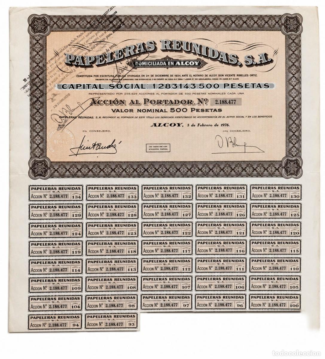 Sammeln von spanischen Wertpapieren: 1 Acci&oacute;n de Papeleras Reunidas de Alcoy 1976