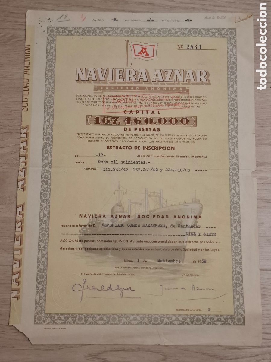 Coleccionismo Acciones Espa&ntilde;olas: Naviera Aznar, SA, Extracto de inscripci&oacute;n de 17 acciones de 500 pesetas, 1959
