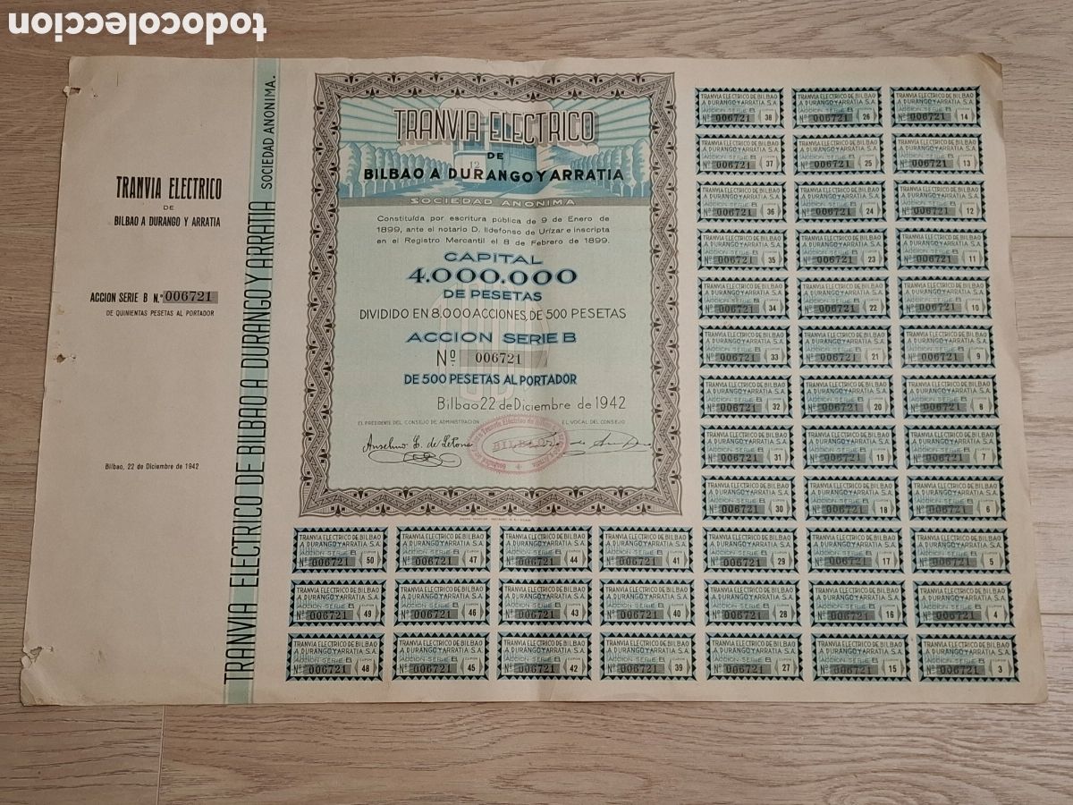 Coleccionismo Acciones Espa&ntilde;olas: Acci&oacute;n de Tranv&iacute;a el&eacute;ctrico de Bilbao a Durango y Arratia S.A., Bilbao 1942