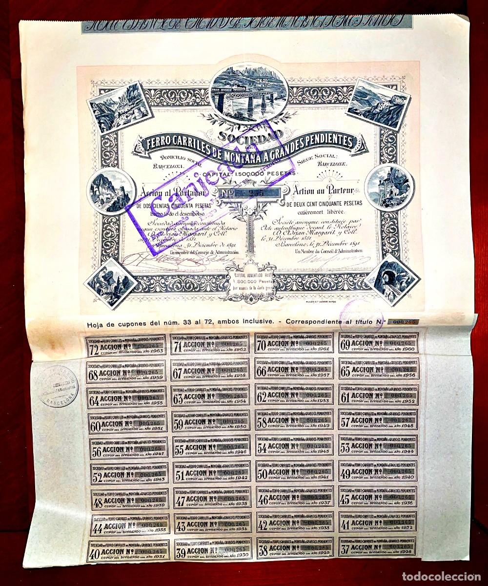 Coleccionismo Acciones Espa&ntilde;olas: Ferrocarriles de Monta&ntilde;a a Grandes Pendientes, Barcelona 1891 acci&oacute;n