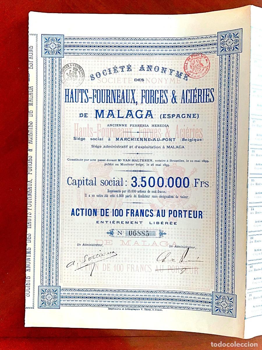 Coleccionismo Acciones Espa&ntilde;olas: Hauts-Forneaux,Forges & Aci&eacute;res de Malaga (antigua Herrer&iacute;a Heredia) 1899, acci&oacute;n