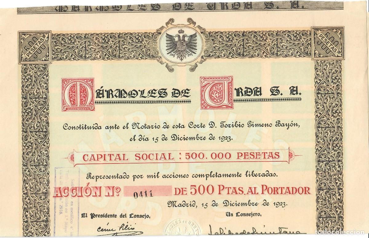Coleccionismo Acciones Espa&ntilde;olas: DOS ACCIONES DE 500 PTAS. DE M&Aacute;RMOLES DE URDA, S.A. (1923)