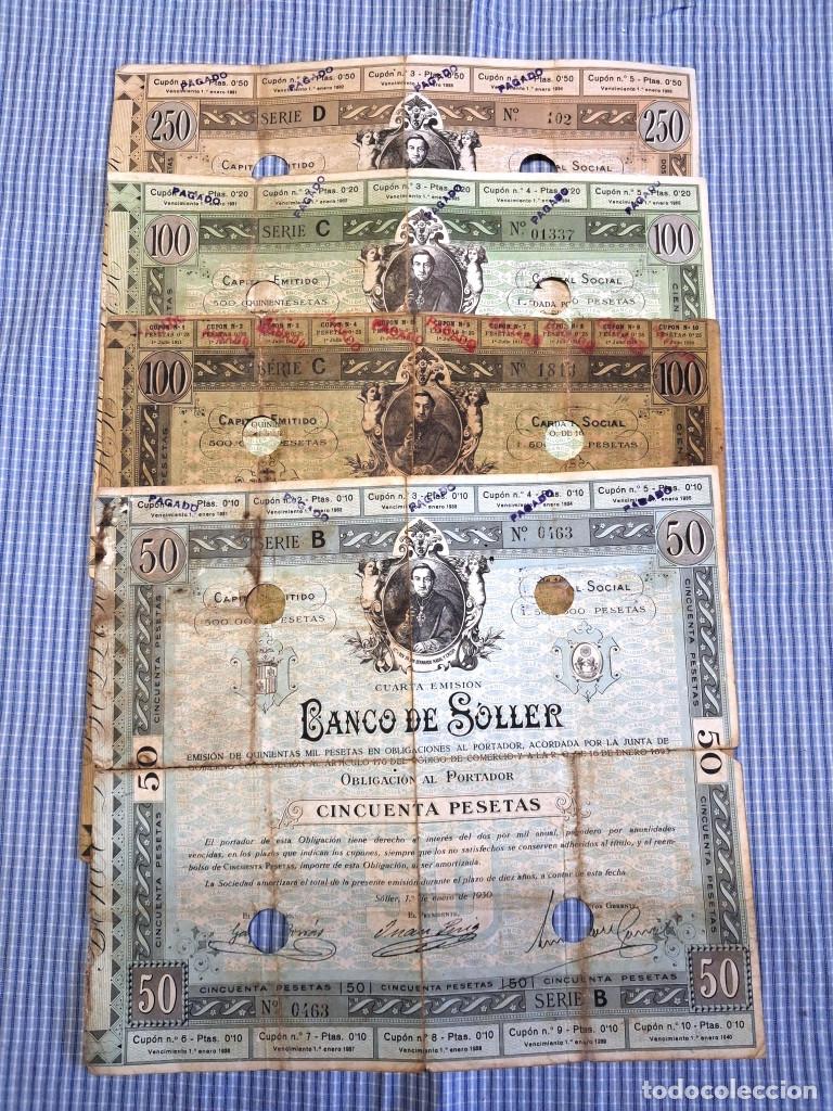 Coleccionismo Acciones Espa&ntilde;olas: Lote 4 obligaciones del Banco de S&oacute;ller. Mallorca. Obligaciones 1 de 250, 2 de 100 y 1 de 50 pesetas