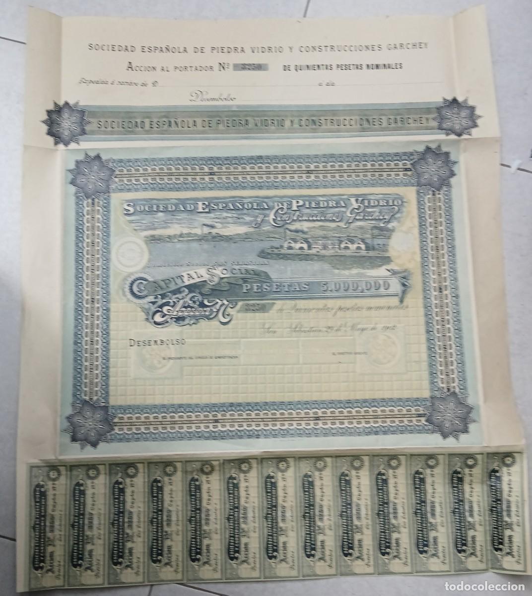 Coleccionismo Acciones Espa&ntilde;olas: SOCIEDAD ESPA&Ntilde;OLA DE PIEDRA VIDRIO Y CONSTRUCCIONES GARCHEY. SAN SEBASTIAN 1902