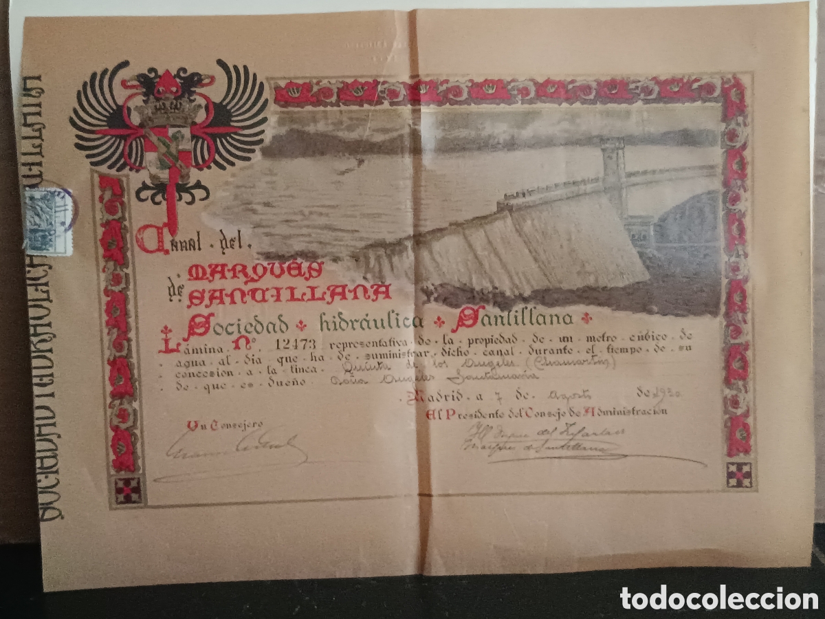 Coleccionismo Acciones Espa&ntilde;olas: ACCI&Oacute;N DEL CANAL DEL MARQU&Eacute;S DE SANTILLANA . SOCIEDAD HIDRAULICA A&Ntilde;O 1930 . MEDIDAS 38 X 28 CMS