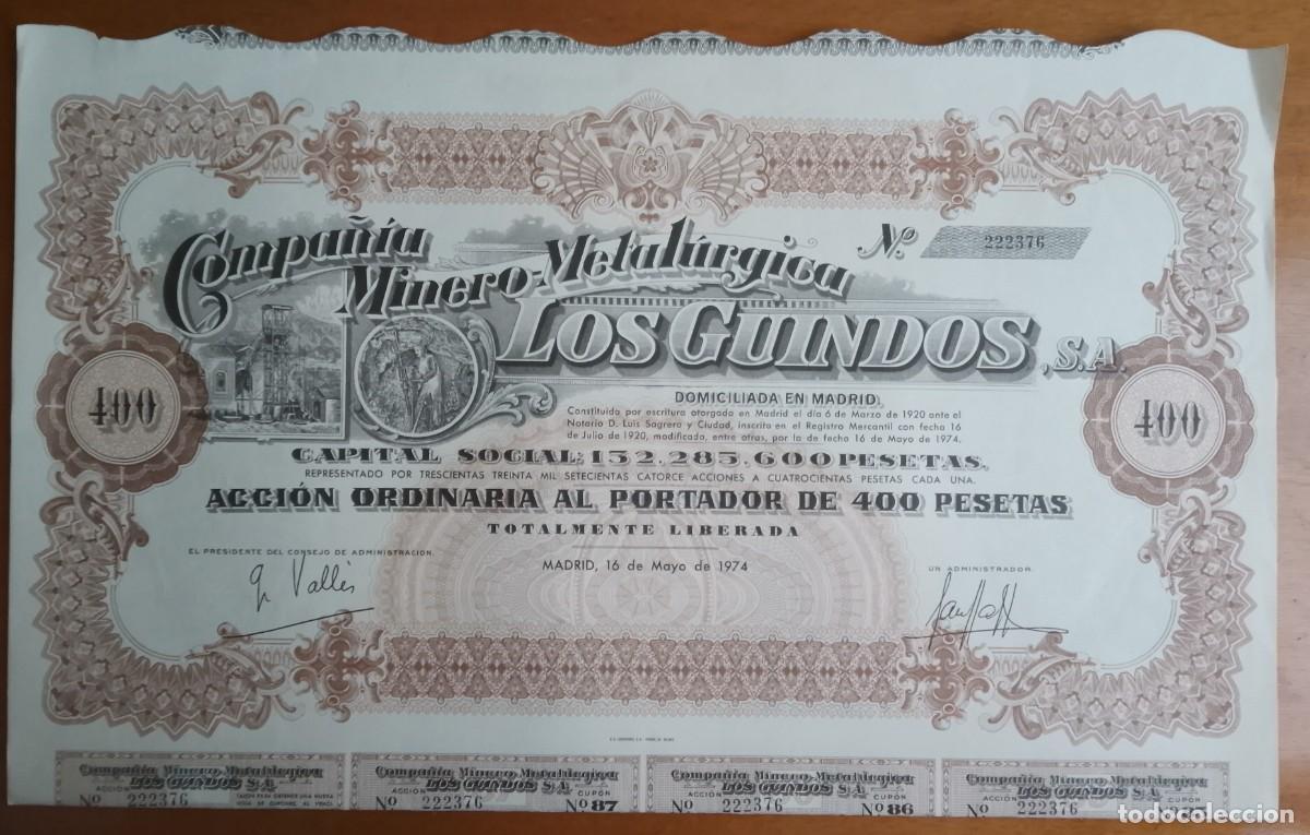 Coleccionismo Acciones Espa&ntilde;olas: ANDALUC&Iacute;A. Minero-metal&uacute;rgica Los Guindos. La Carolina (Ja&eacute;n)/M&aacute;laga. Domiciliada en Madrid. 1974