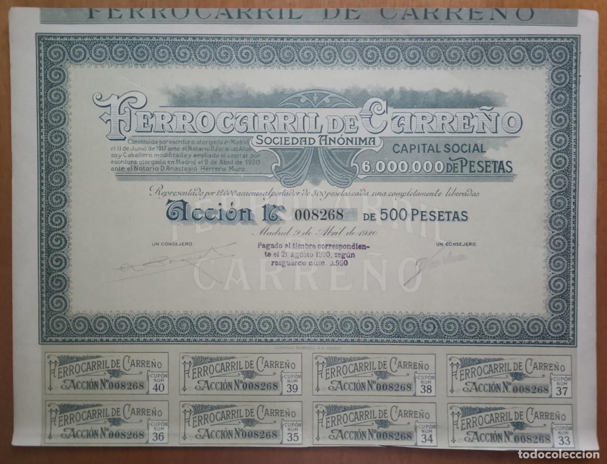 Coleccionismo Acciones Espa&ntilde;olas: ASTURIAS. Ferrocarril de Carre&ntilde;o. Domiciliada en Madrid. 1920