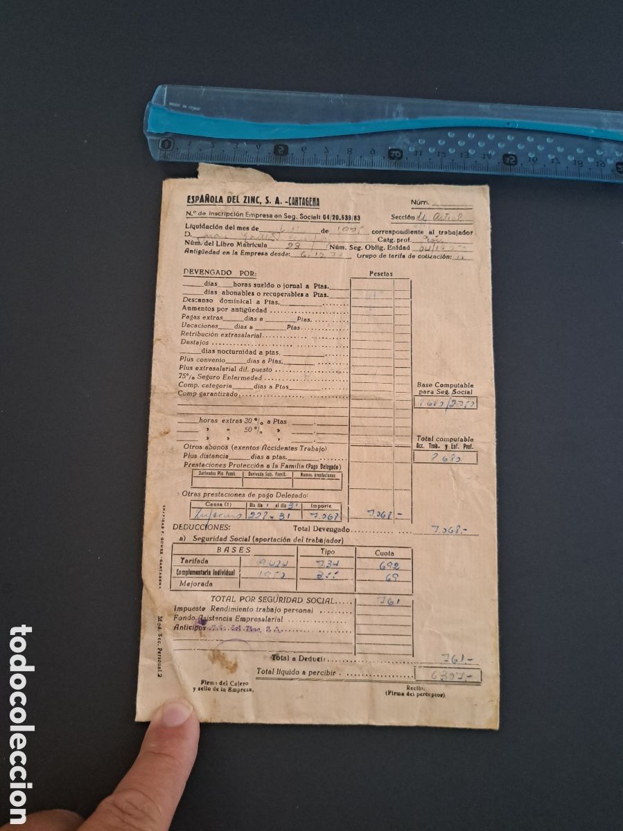 Coleccionismo Acciones Espa&ntilde;olas: Jml Sobre de pago Espa&ntilde;ola de Zinc Lavadero mineral en Minas Almagrera Almeria Cuevas Almanzora 1975