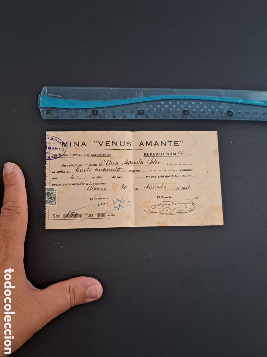 Coleccionismo Acciones Espa&ntilde;olas: Jml Reparto Accion minera Venus Amante Sierra Almagrera, Cuevas Almanzora, Almeria. A&Ntilde;O 1941