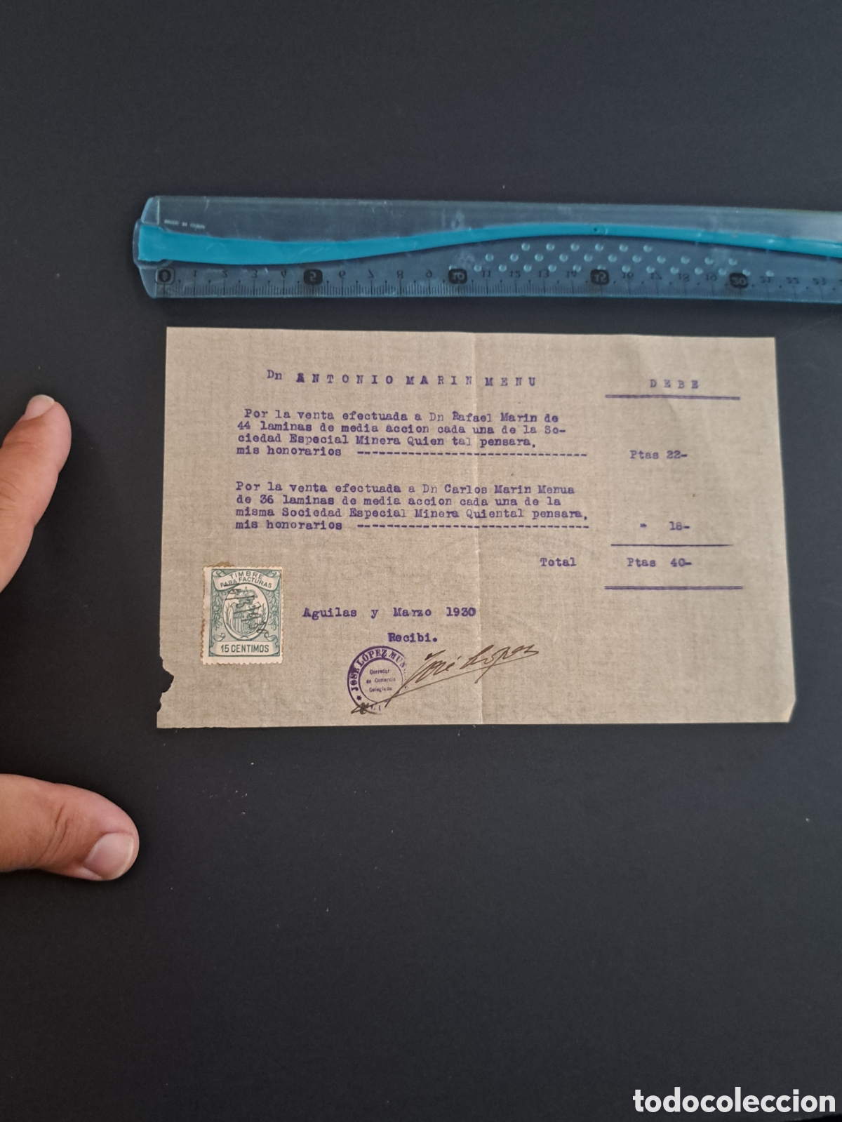 Coleccionismo Acciones Espa&ntilde;olas: Jml documento Honorarios Venta acciones Mina Geoda Quien tal pensarara Pulpi. Almeria. Aguilas 1930.