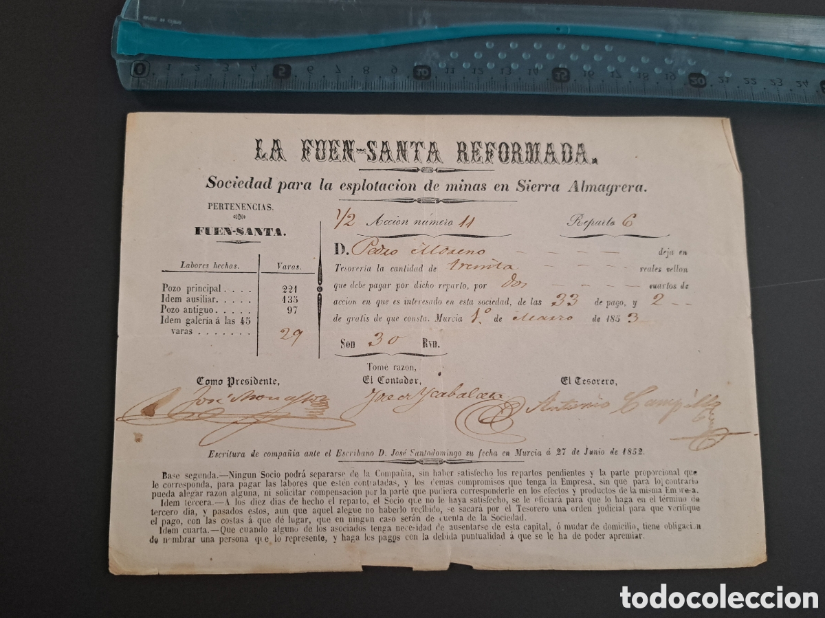 Coleccionismo Acciones Espa&ntilde;olas: Jml Reparto minero Fuensanta Reformada Minas Almagrera, Cuevas del Almanzora, Almeria. 1853.