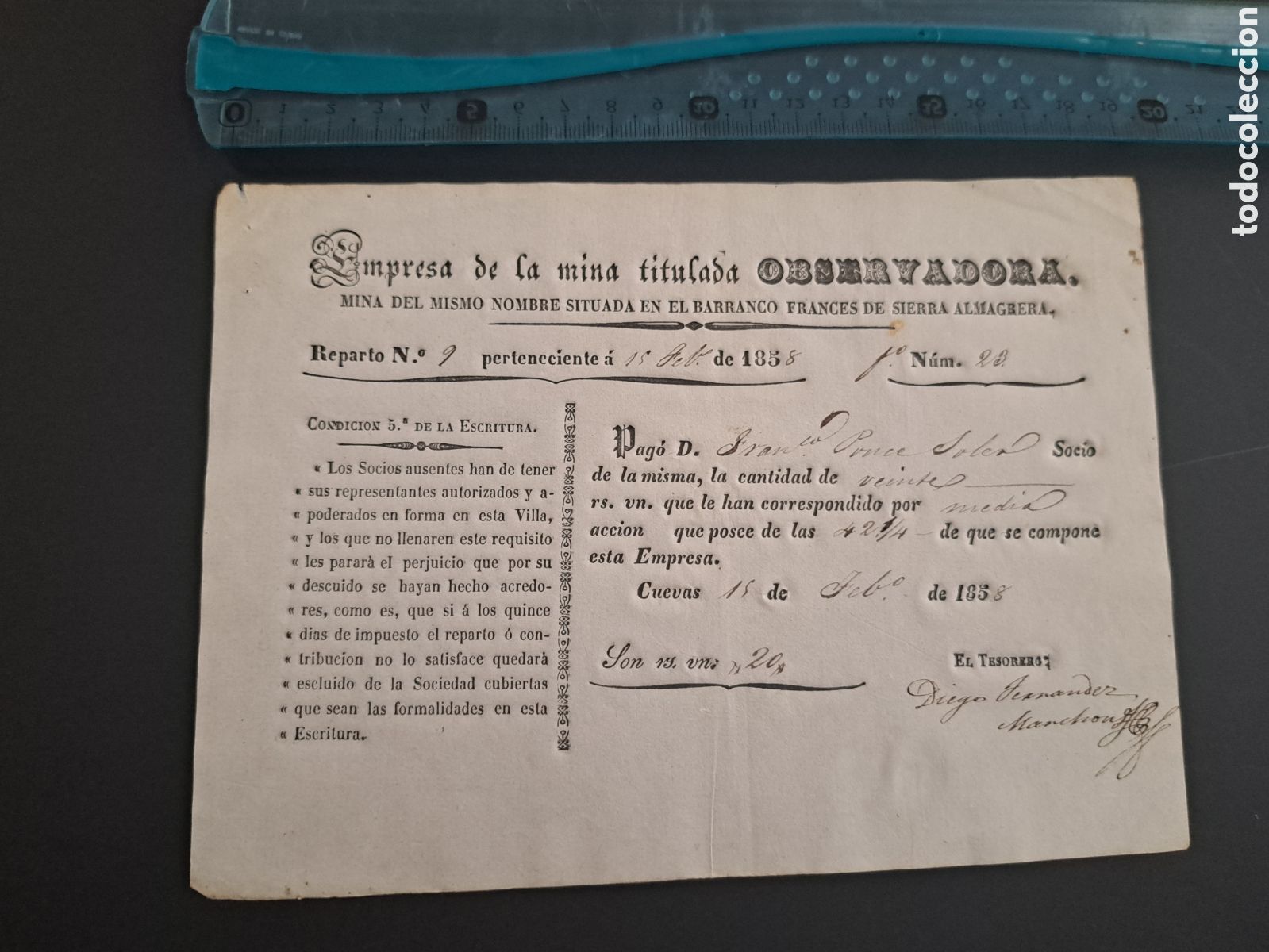 Coleccionismo Acciones Espa&ntilde;olas: Jml Reparto Sociedad minera Observadora, Bco Franc&eacute;s S. Almagrera Cuevas del Almanzora, Almeria 1858