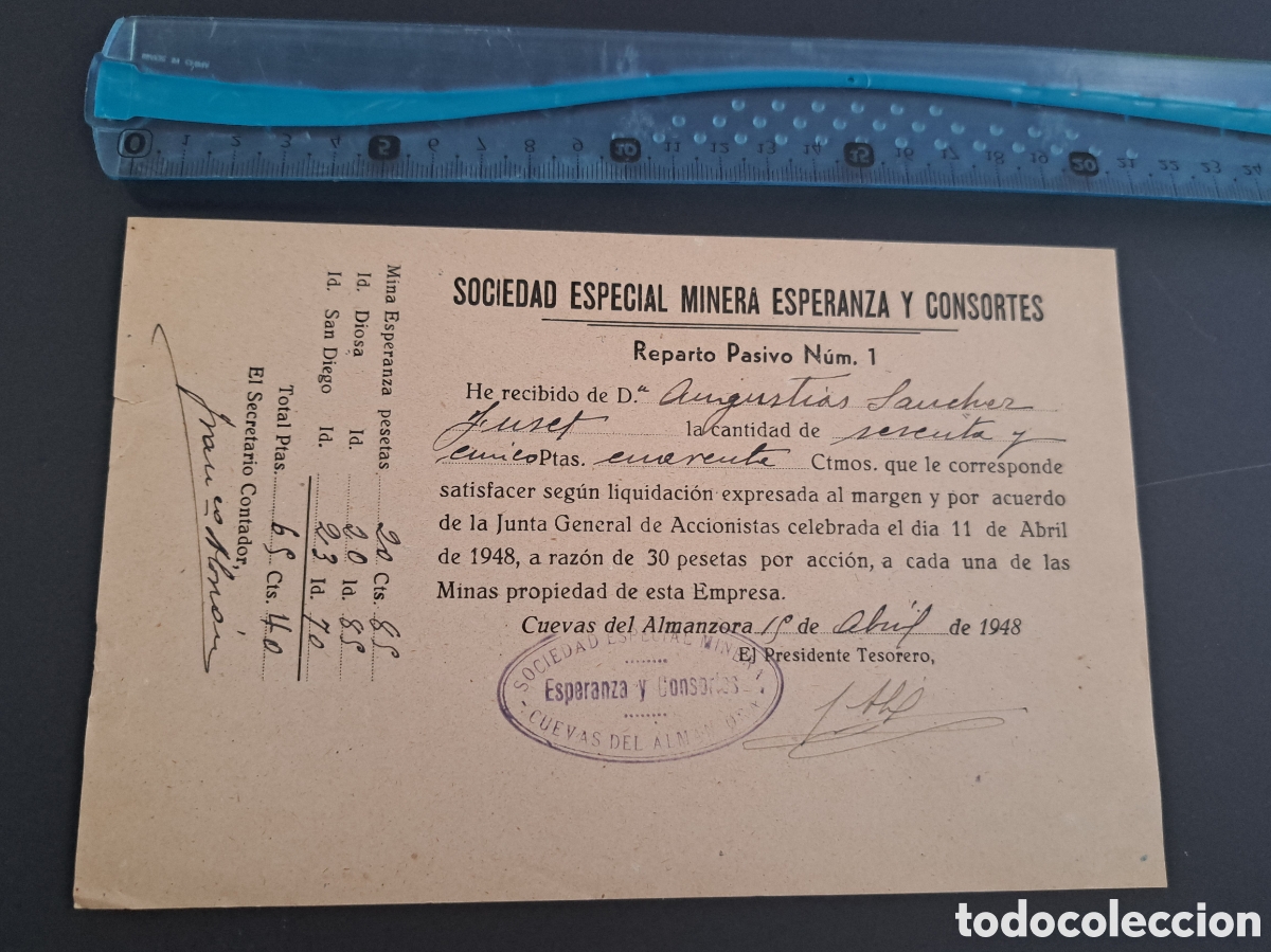 Coleccionismo Acciones Espa&ntilde;olas: Jml Reparto accion minas Esperanza y Consortes Minas Almagrera Cuevas Almanzora 1948