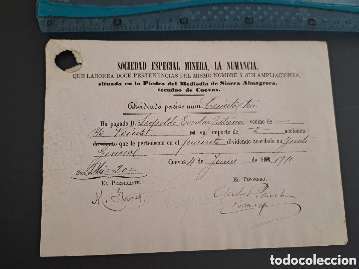 Coleccionismo Acciones Espa&ntilde;olas: Jml Reparto S.E. Minera la Numancia, Sierra Almagrera, Cuevas del Almanzora a&ntilde;o 1911.