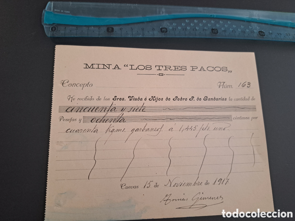 Coleccionismo Acciones Espa&ntilde;olas: Jml Recibo Mina Los Tres Pacos, Sierra Almagro, Cuevas del Almanzora, Almeria. 1917
