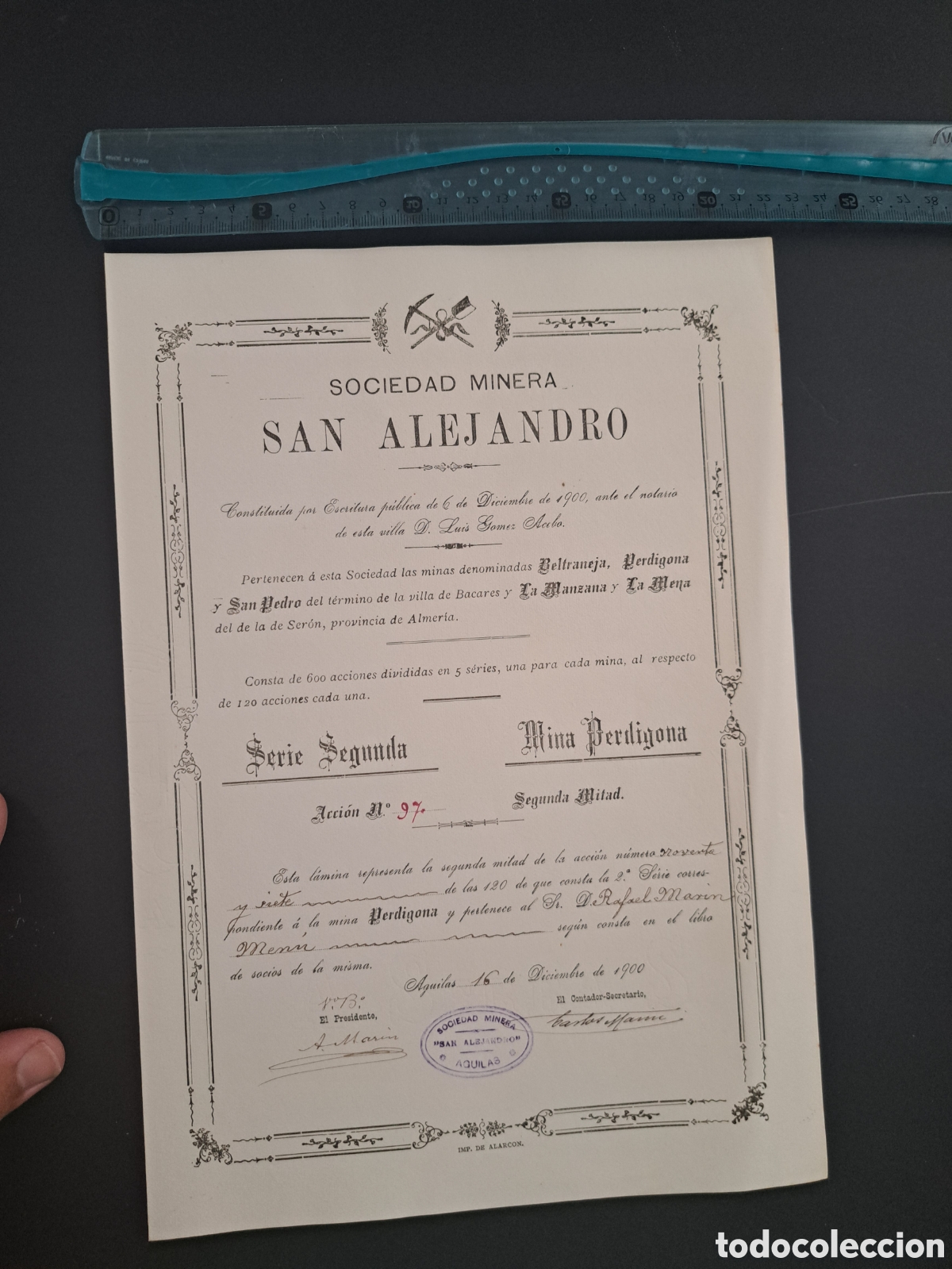 Coleccionismo Acciones Espa&ntilde;olas: Jml Accion Sociedad minera San Alejandro, Seron, Almeria. A&ntilde;o 1900.