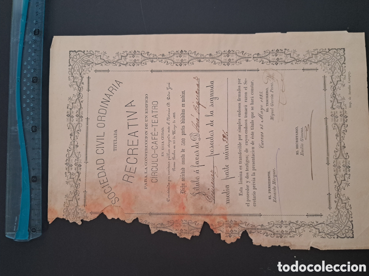 Coleccionismo Acciones Espa&ntilde;olas: JML Sociedad civil ordinaria, Recreativa, c&iacute;rculo-teatro-cafe Cuevas del Almanzora 1885. RARISIMA.