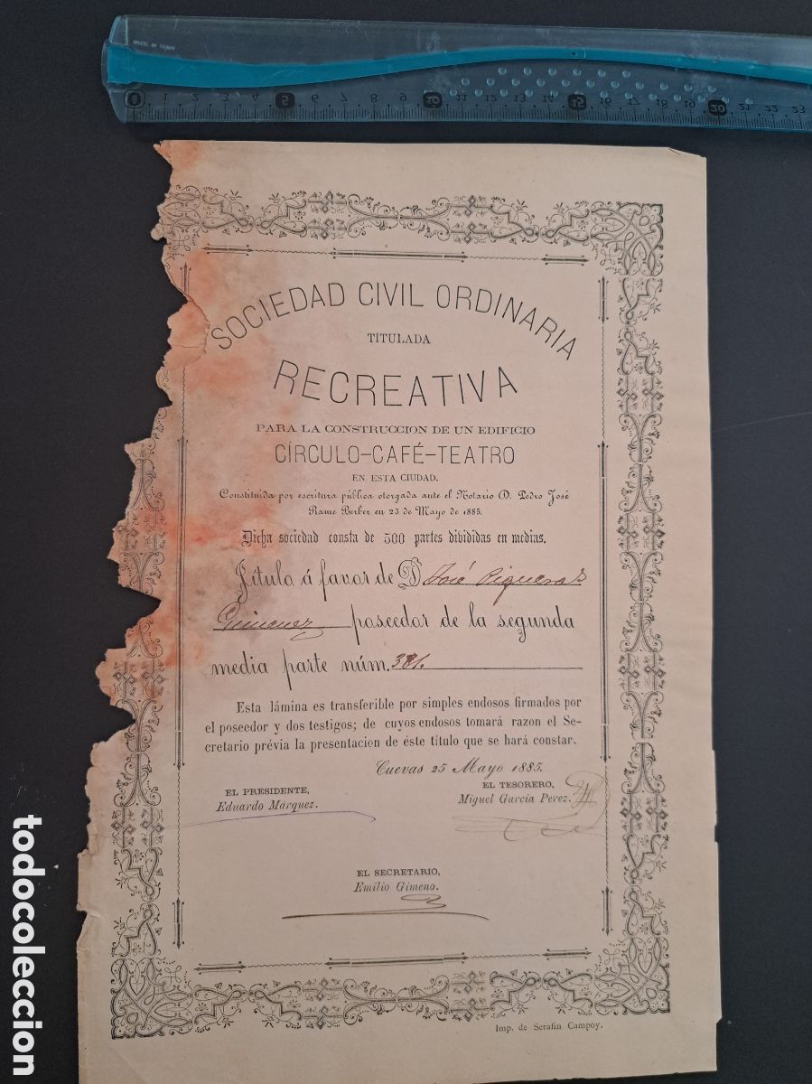 Coleccionismo Acciones Espa&ntilde;olas: JML Sociedad civil ordinaria, Recreativa, c&iacute;rculo-teatro-cafe Cuevas del Almanzora 1885. RARISIMA.