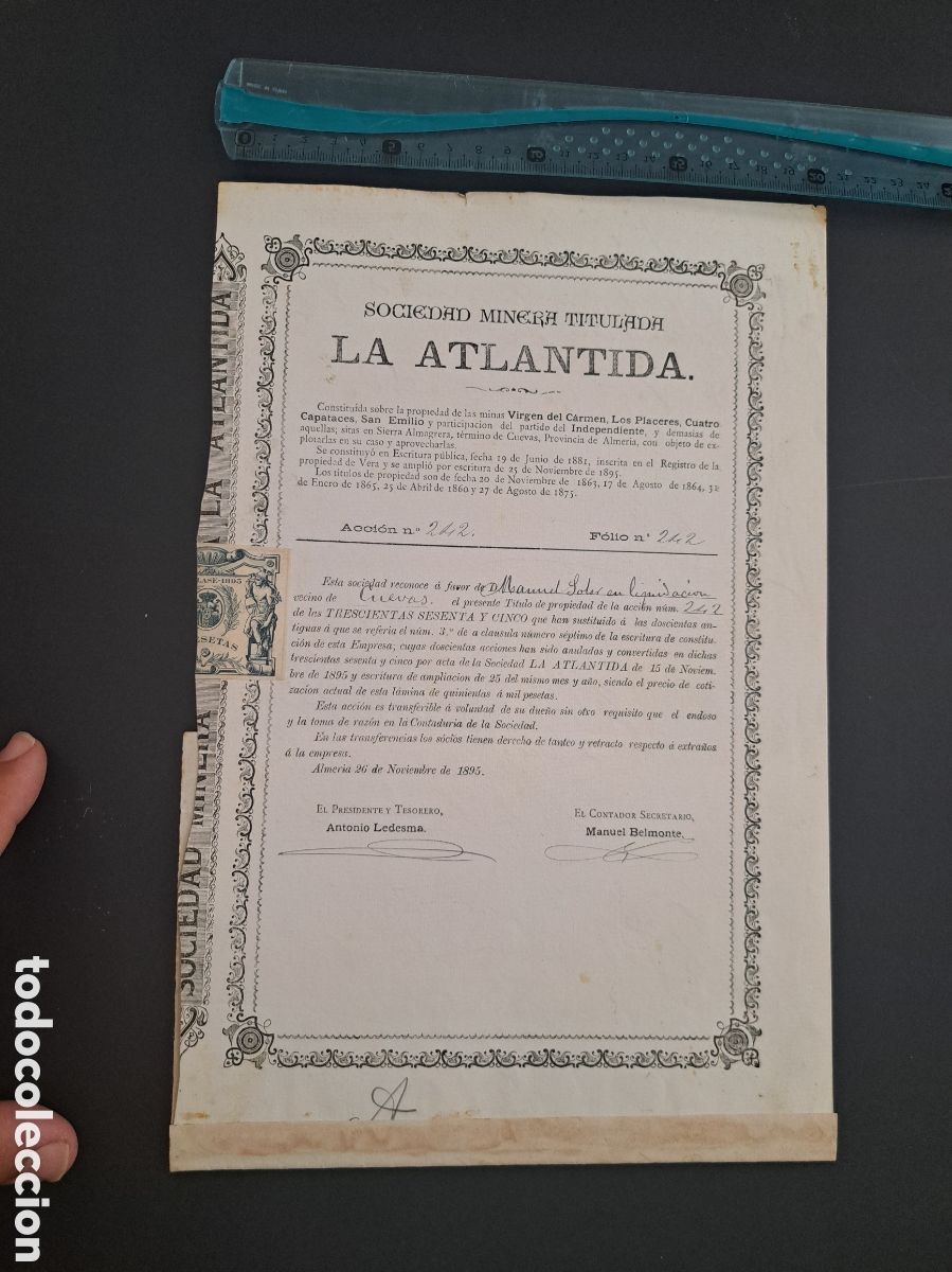 Coleccionismo Acciones Espa&ntilde;olas: Jml Accion S.M.Titulada La Atlantida, Almeria, a&ntilde;o 1895