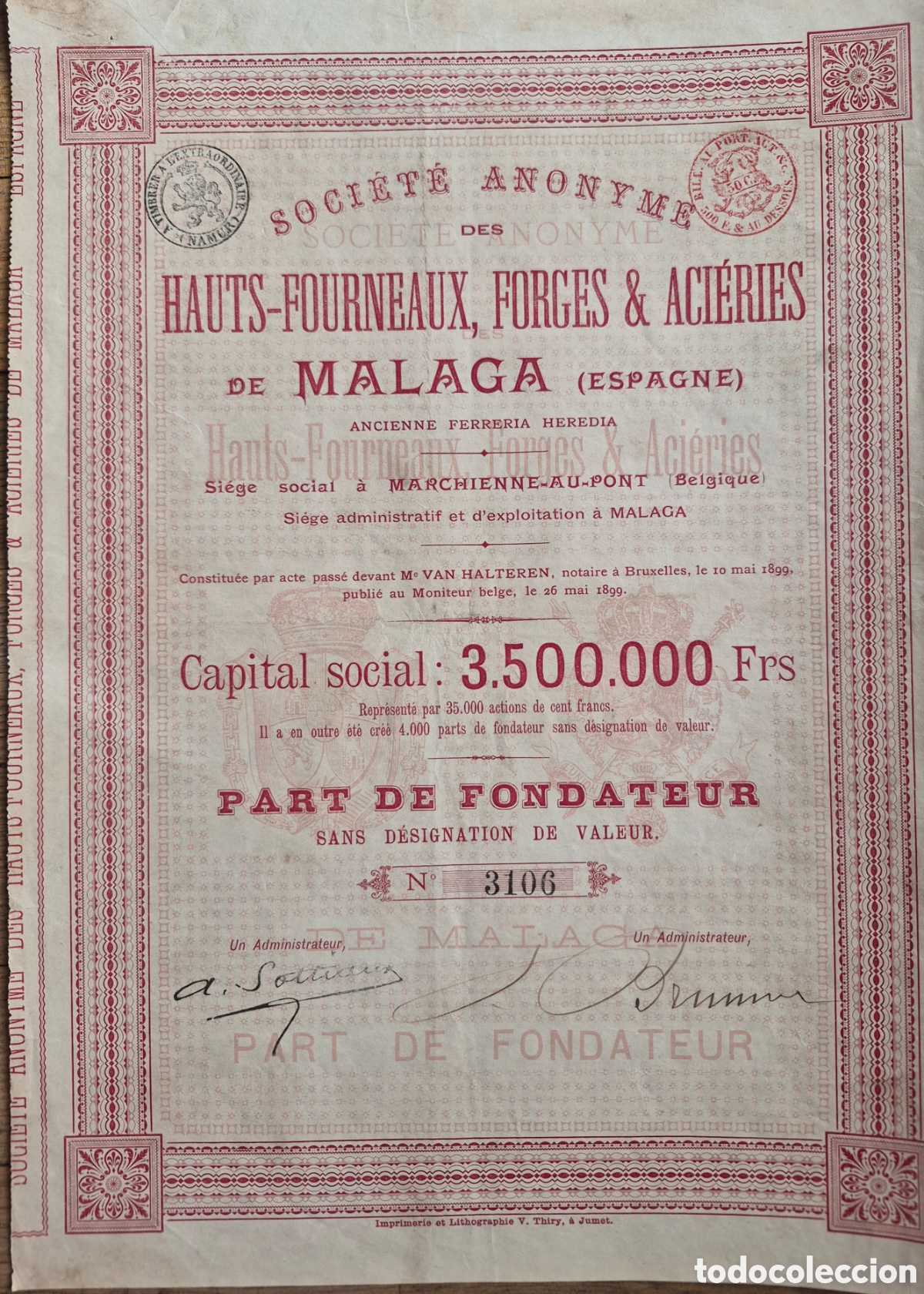 Coleccionismo Acciones Espa&ntilde;olas: ALTOS HORNOS, FORJAS Y ACER&Iacute;AS DE M&Aacute;LAGA (1899) RARA, ROJA