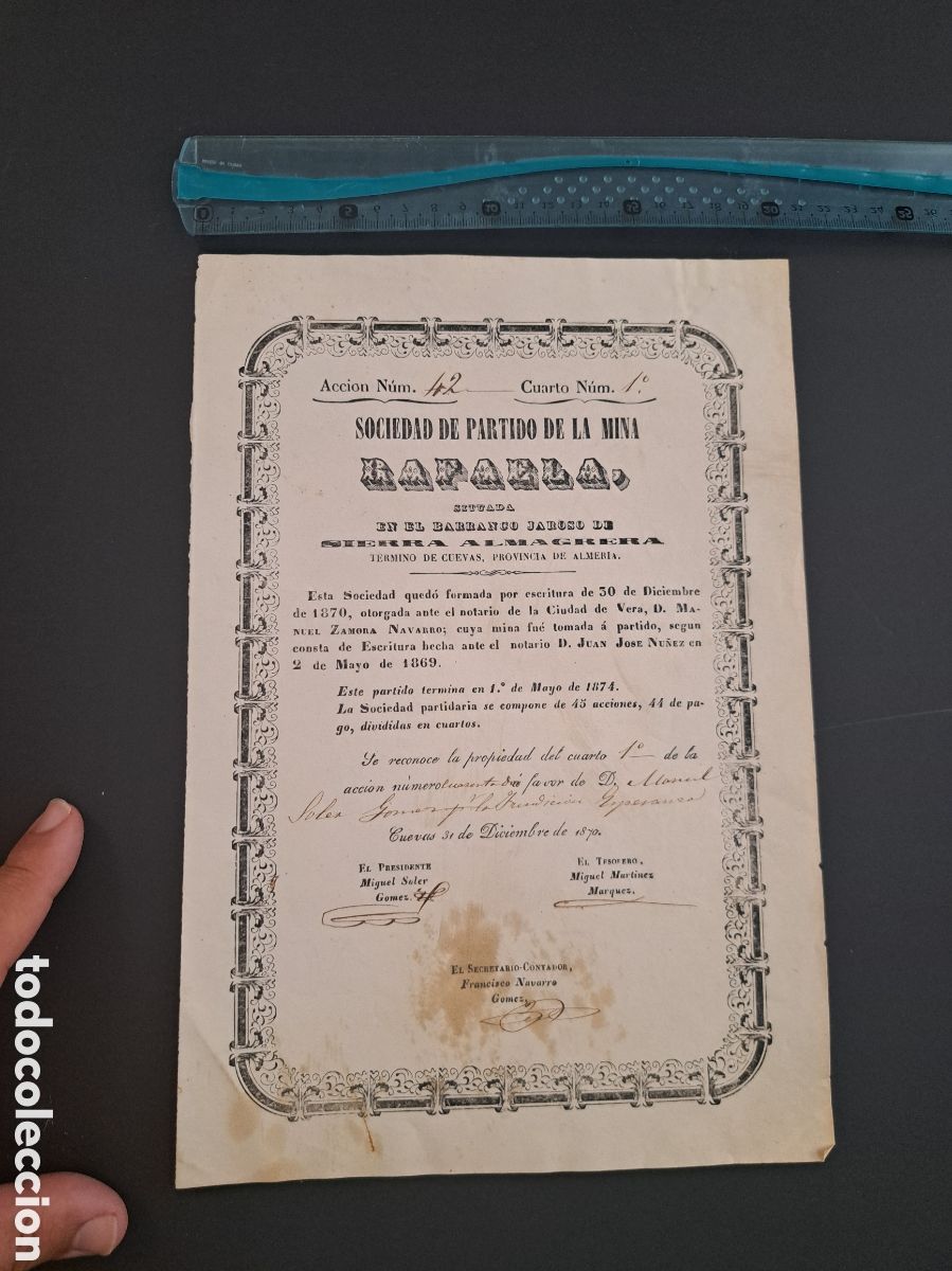 Coleccionismo Acciones Espa&ntilde;olas: Jml Accion Sociedad de partido de la Mina Rafaela, Jaroso, Sierra Almagrera, Cuevas Almeria, 1870.