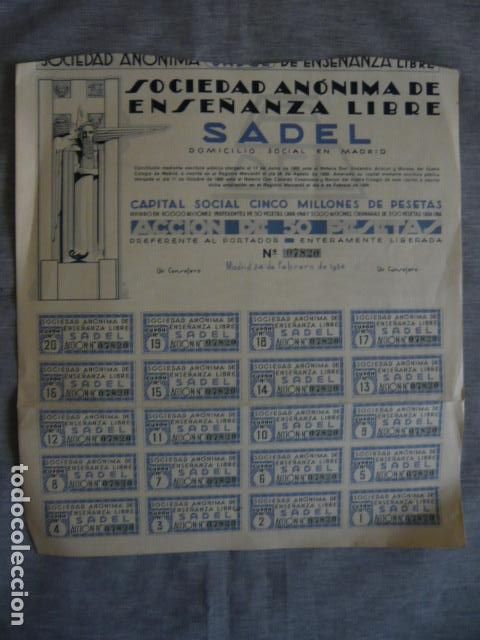 Coleccionismo Acciones Espa&ntilde;olas: ACCION SOCIEDAD ANONIMA ENSE&Ntilde;ANZA LIBRE SADEL MADRID 1934 50 PESETAS