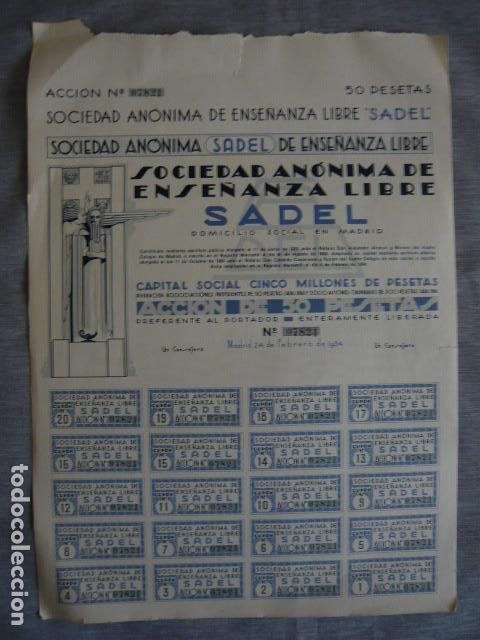 Coleccionismo Acciones Espa&ntilde;olas: ACCION SOCIEDAD ANONIMA ENSE&Ntilde;ANZA LIBRE SADEL MADRID 1934 50 PESETAS