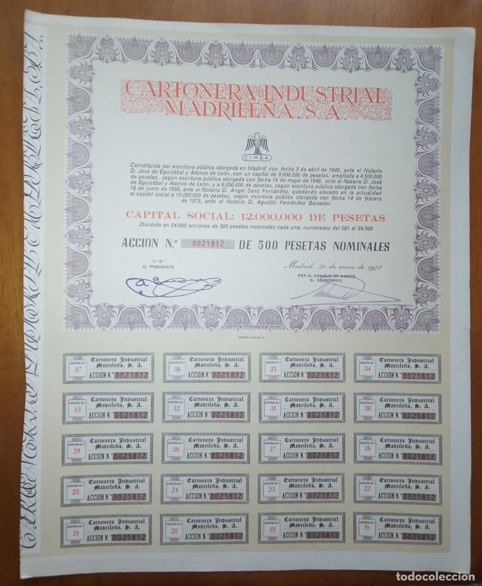 Coleccionismo Acciones Espa&ntilde;olas: Cartonera industrial madrile&ntilde;a. Acci&oacute;n de 500 pesetas. Madrid. 1973