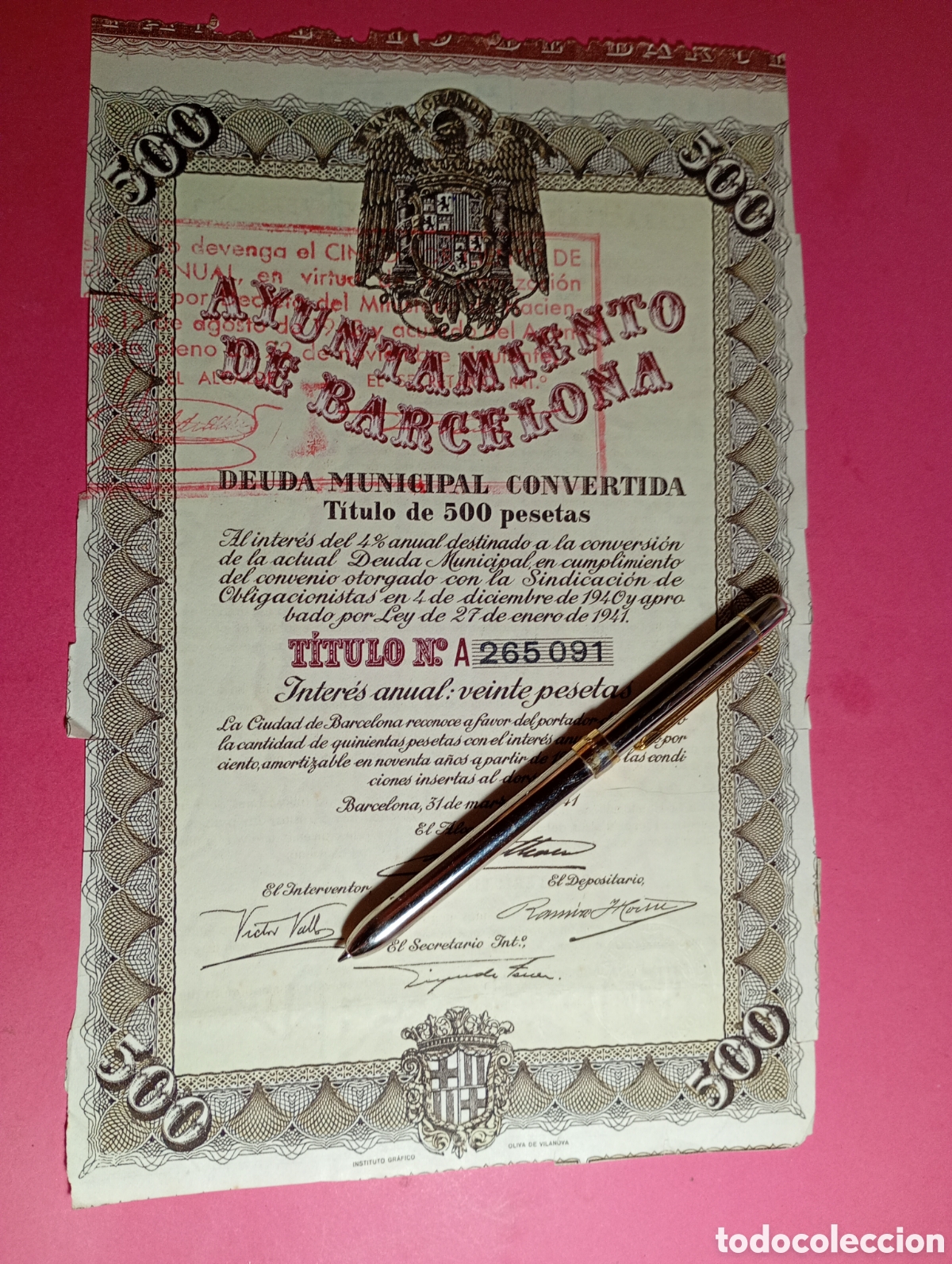 Collezionismo Azioni Spagnole: ayuntamiento de barcelona 1941 deuda municipal convertida t&iacute;tulo 500 ptas. inter&eacute;s 20 ptas./a&ntilde;o