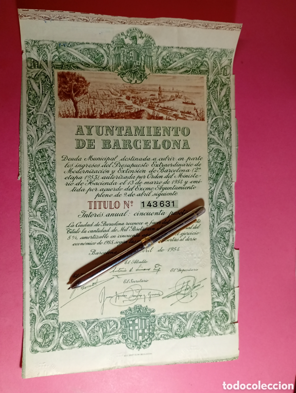 Collezionismo Azioni Spagnole: ayuntamiento de barcelona 1954 deuda municipal t&iacute;tulo 1000 ptas. nominales inter&eacute;s 50 ptas./a&ntilde;o