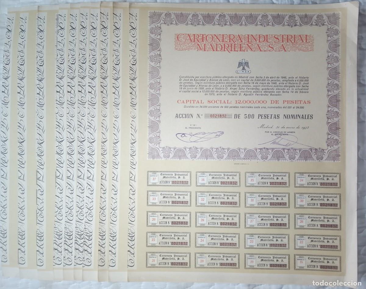 Coleccionismo Acciones Espa&ntilde;olas: Cartonera Industrial Madrile&ntilde;a. Lote de 10 acciones. Madrid. 1973