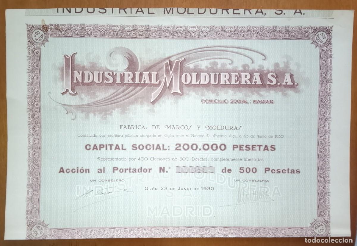 Coleccionismo Acciones Espa&ntilde;olas: ASTURIAS. Acci&oacute;n Industrial Moldurera. Gij&oacute;n, 1930. Domiciliada en Madrid.